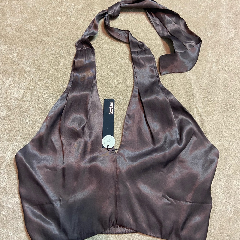 Size MD Brown Satin Halter Top by Krisa by Revolve NWT